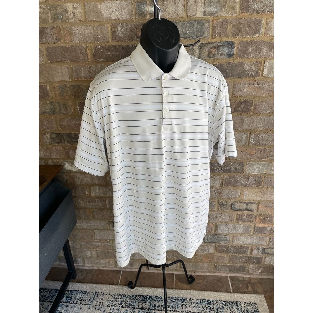 Bolle Golf Men's Short Sleeve Shirt Beige and Blue Stripe‎ Size XL